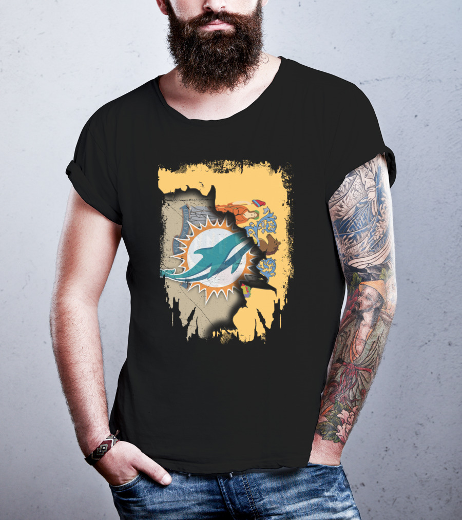 New Jersey Emblem With Miami Dolphins Logo Peeking Through T-Shirt
