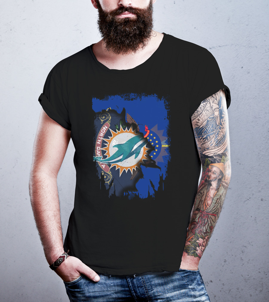 North Dakota State Flag With Dolphins NFL Logo Fusion T-Shirt