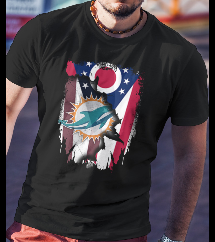 Ohio Flag Torn To Reveal Dolphins Logo Fusion T-Shirt