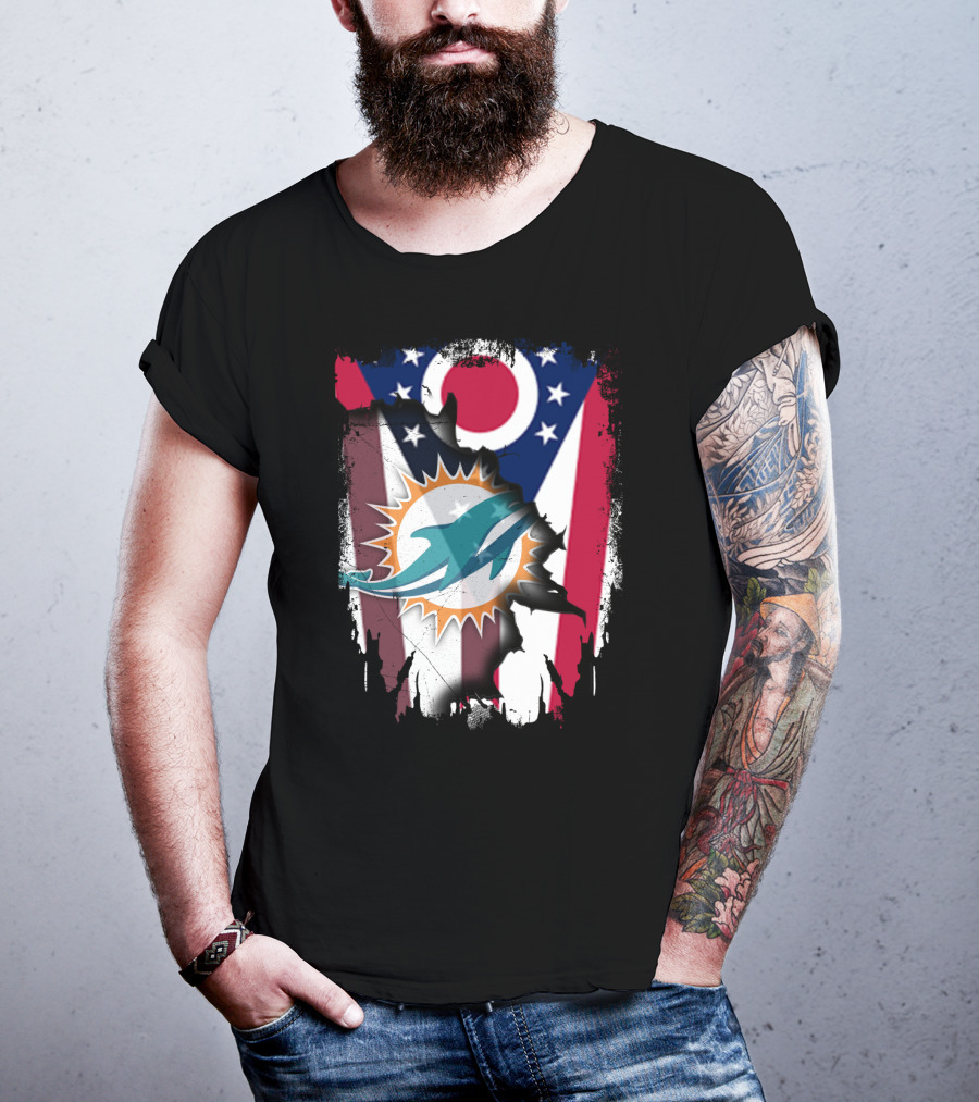 Ohio Flag Torn To Reveal Dolphins Logo Fusion T-Shirt