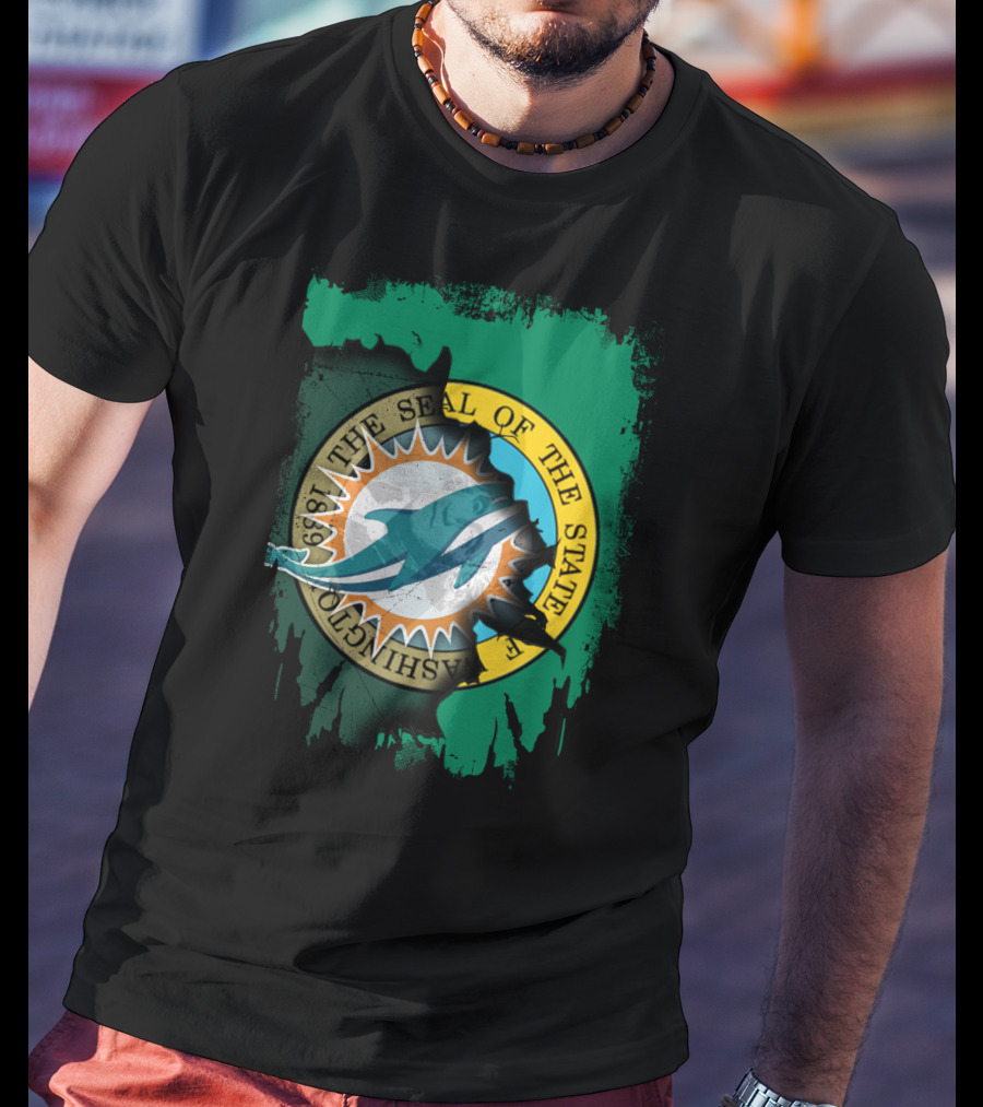The Seal Of The State Of Washington Dolphins Logo Fusion T-Shirt