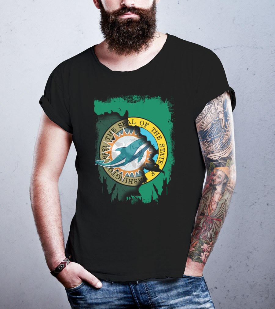 The Seal Of The State Of Washington Dolphins Logo Fusion T-Shirt