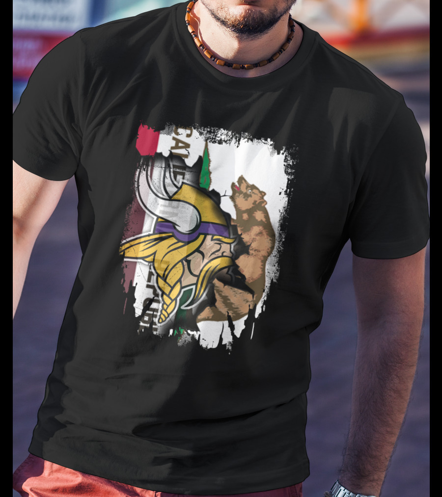 California Republic Viking Helmet Bear California Flag T-Shirt