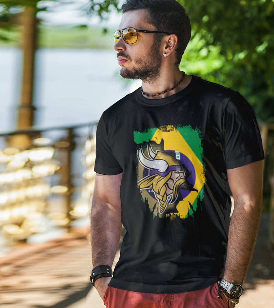Brazilian Flag With Viking Warrior Helmet T-Shirt