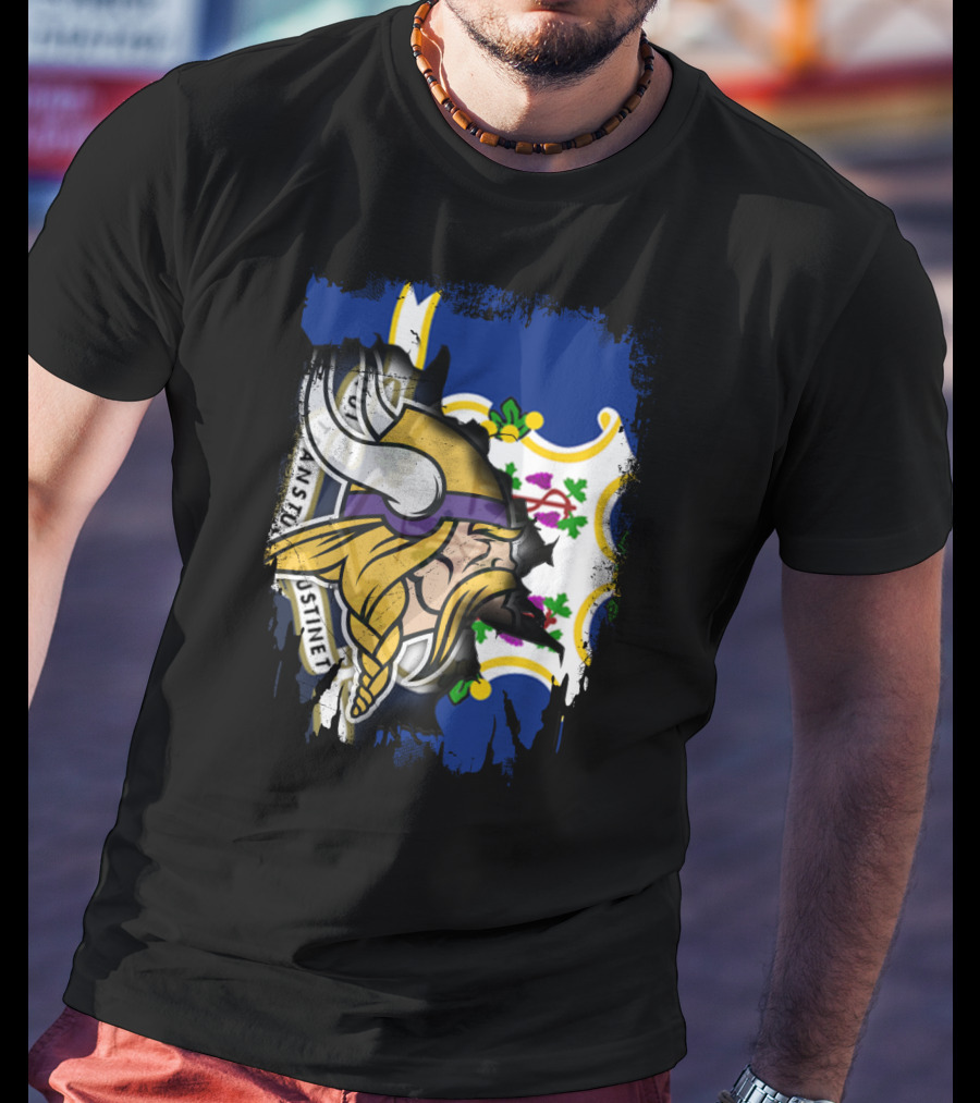Connecticut State Flag Blended With Vikings Football Team T-Shirt