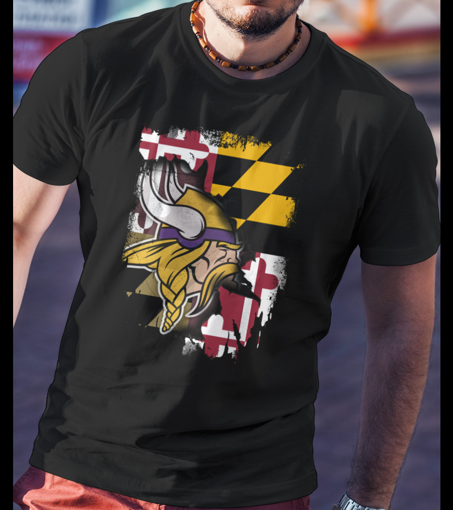 Vikings Helmet Art With Maryland Flag Background T-Shirt