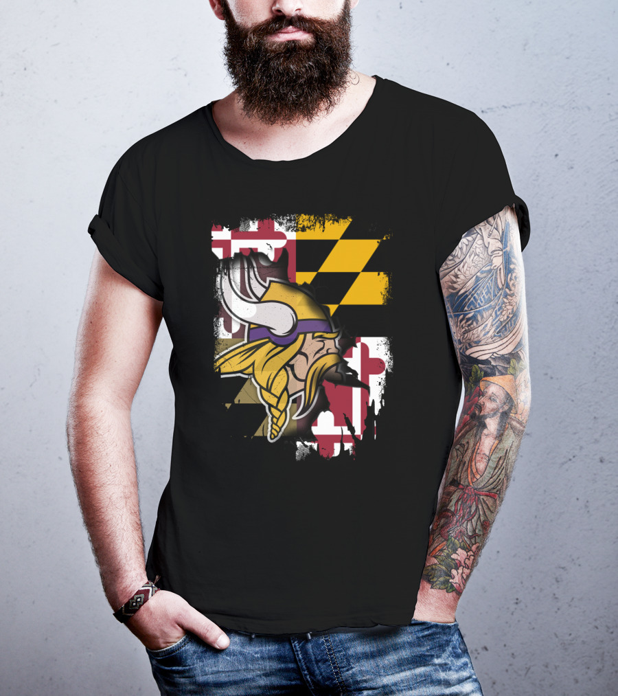 Vikings Helmet Art With Maryland Flag Background T-Shirt