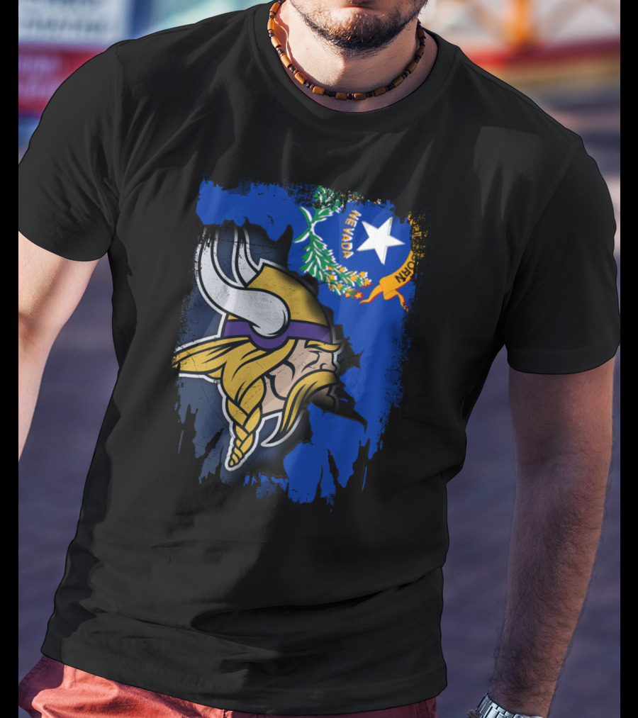Nevada State Flag Meets Vikings Helmet Emblem T-Shirt