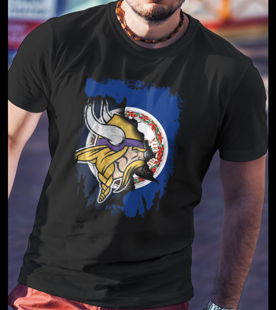 Virginia State Flag With Vikings Helmet Fusion T-Shirt