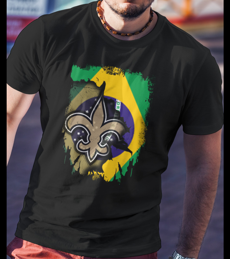 Brazilian Flag With New Orleans Saints Fleur-de-Lis Emblem T-Shirt
