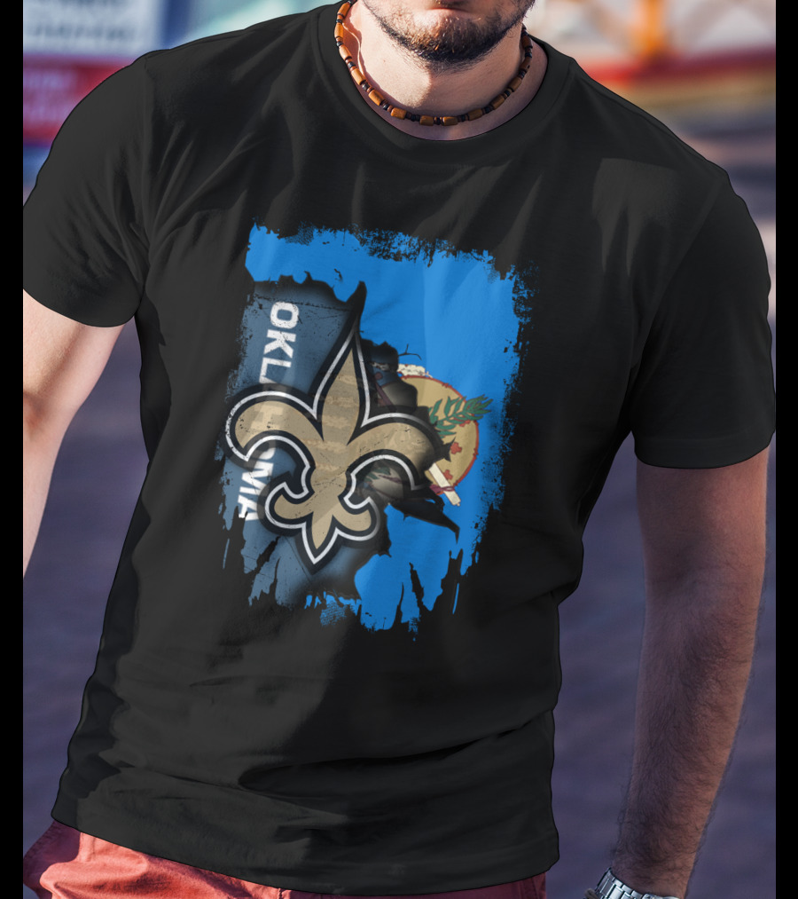 Oklahoma State Flag With New Orleans Saints Fleur-de-Lis T-Shirt