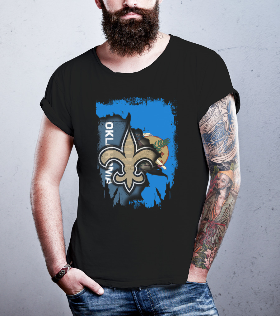 Oklahoma State Flag With New Orleans Saints Fleur-de-Lis T-Shirt