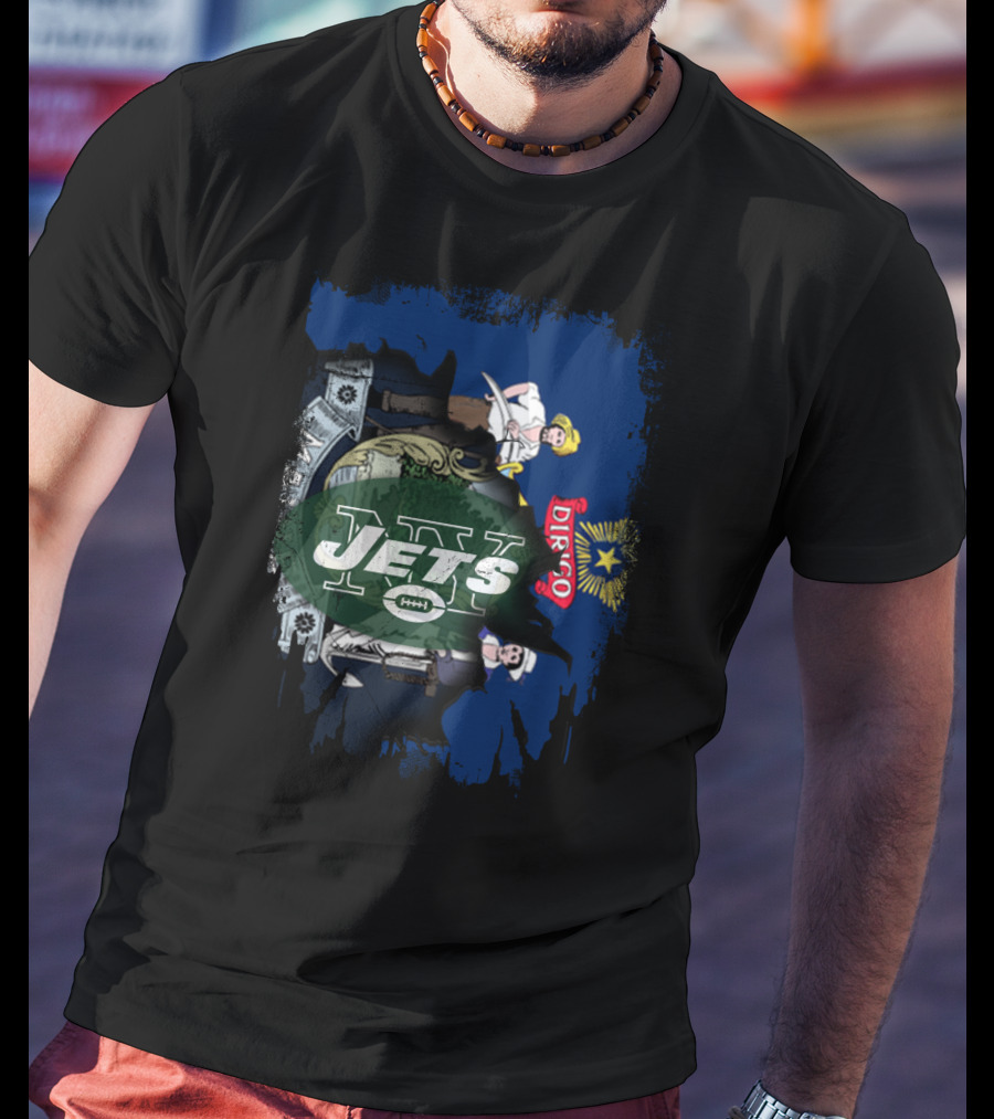 Maine State Emblem With New York Jets Logo Fusion T-Shirt