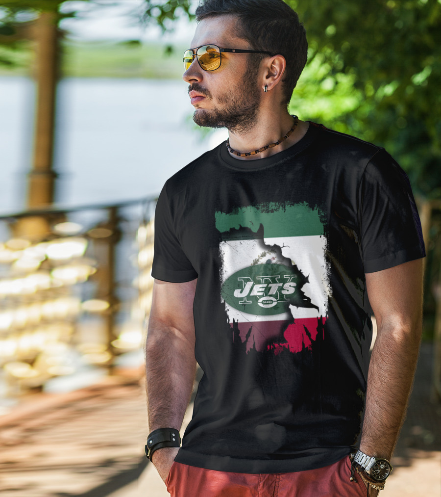 Mexico Flag Background With NY Jets Logo And Aztec Eagle T-Shirt