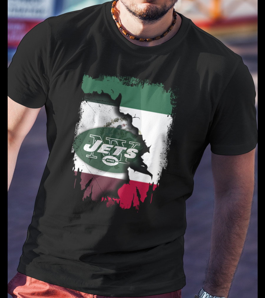 Mexico Flag Background With NY Jets Logo And Aztec Eagle T-Shirt