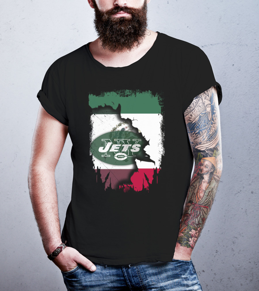 Mexico Flag Background With NY Jets Logo And Aztec Eagle T-Shirt