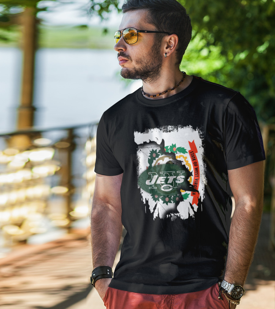 West Virginia State Flag Overlay With Jets Football T-Shirt
