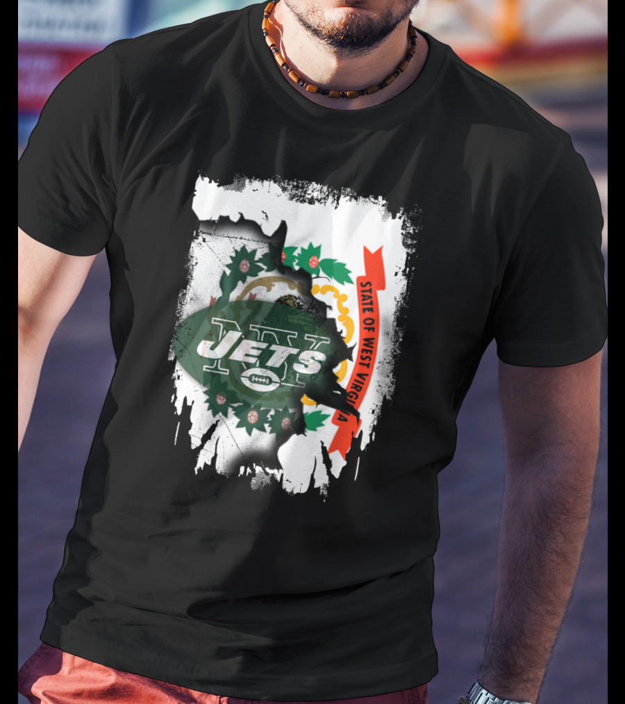 West Virginia State Flag Overlay With Jets Football T-Shirt