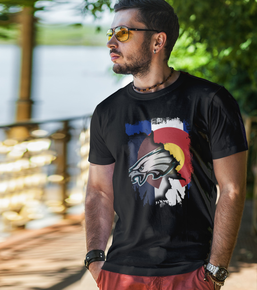 Colorado Flag With Philadelphia Eagles Head Emblem T-Shirt