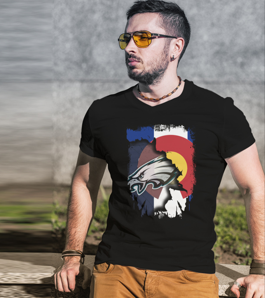 Colorado Flag With Philadelphia Eagles Head Emblem T-Shirt