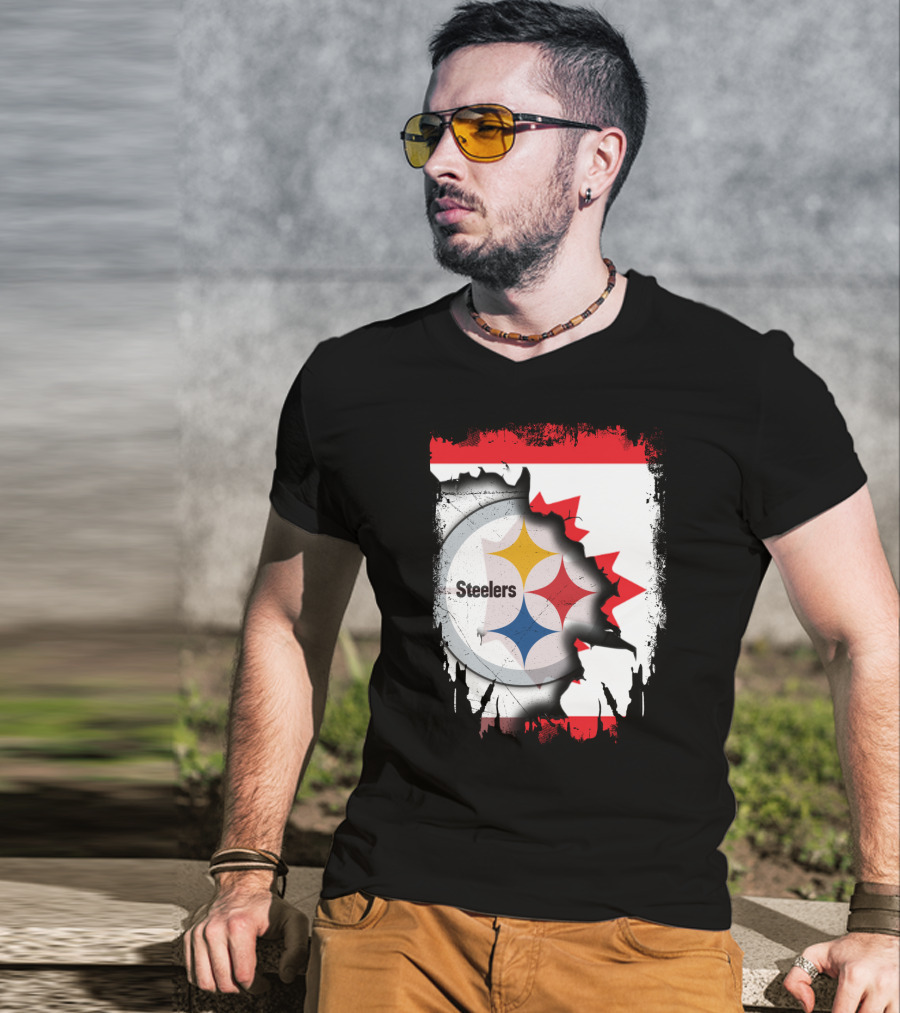 Steelers Logo With Canadian Flag Torn T-Shirt