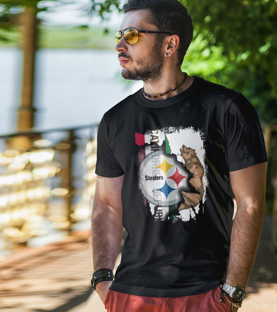 California Bear With Steelers Logo Fusion T-Shirt