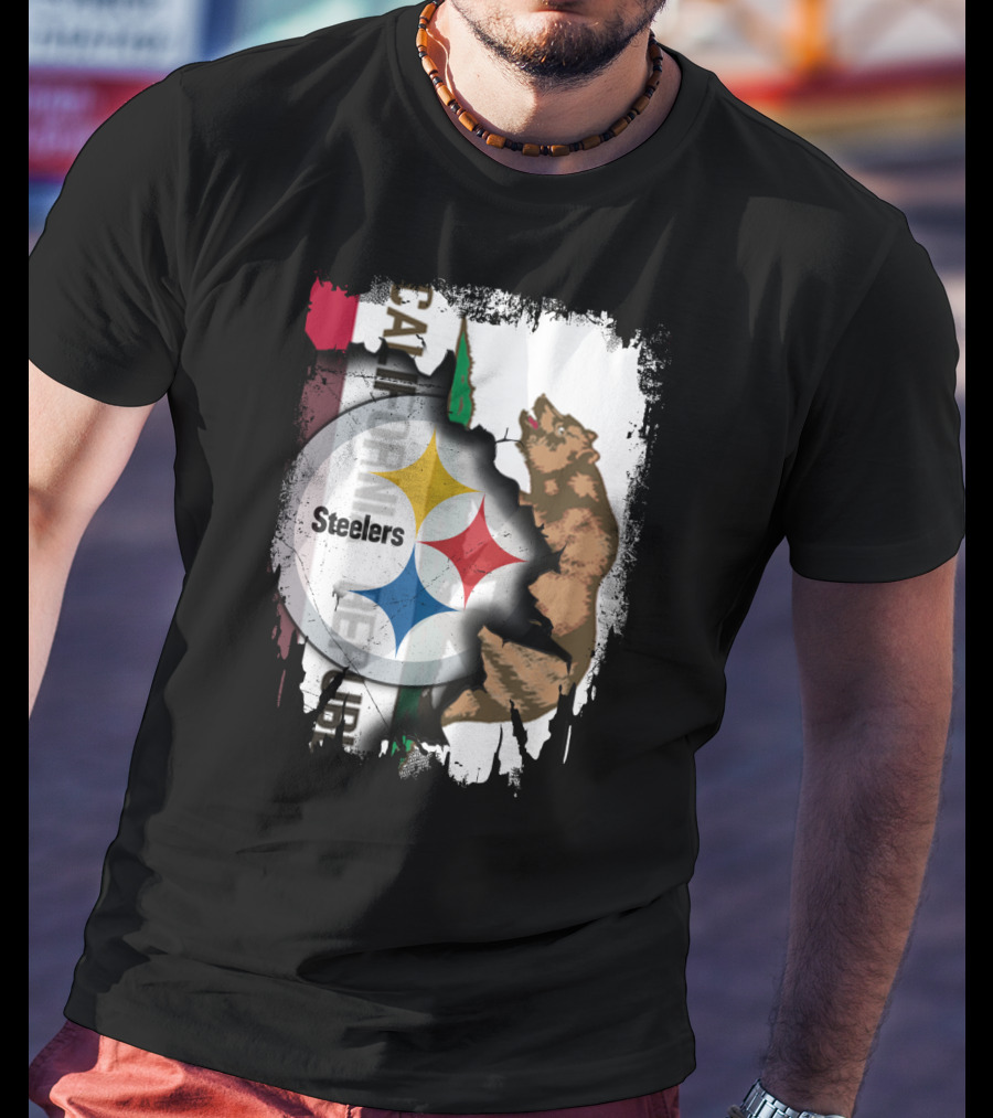 California Bear With Steelers Logo Fusion T-Shirt