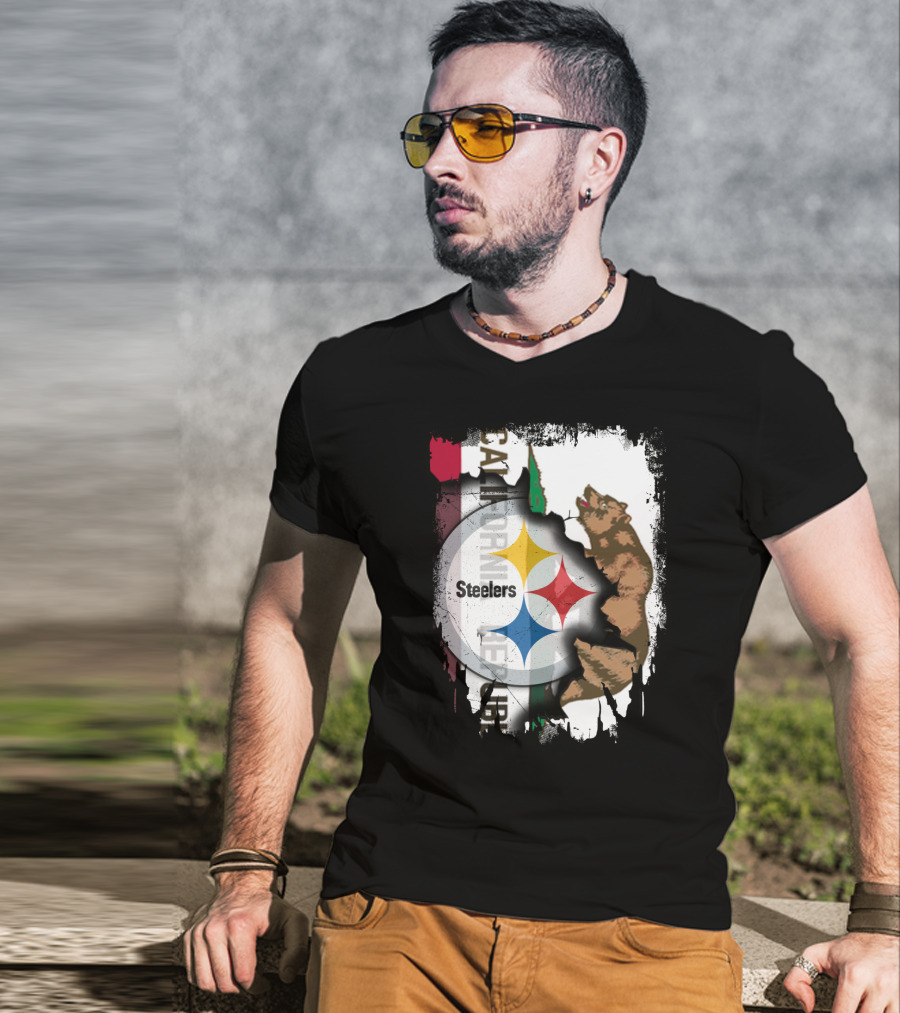 California Bear With Steelers Logo Fusion T-Shirt