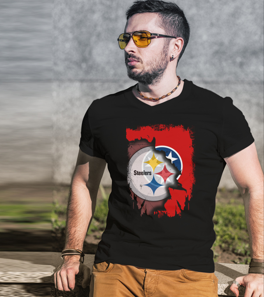 Tennessee And Steelers Fusion With Flag T-Shirt
