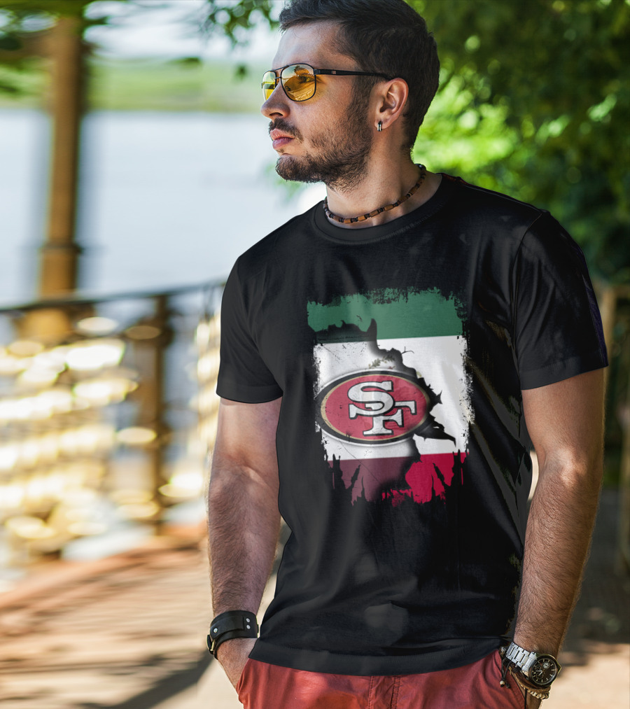 Together Mexico With 49ers SF Logo Mexican Flag Background T-Shirt