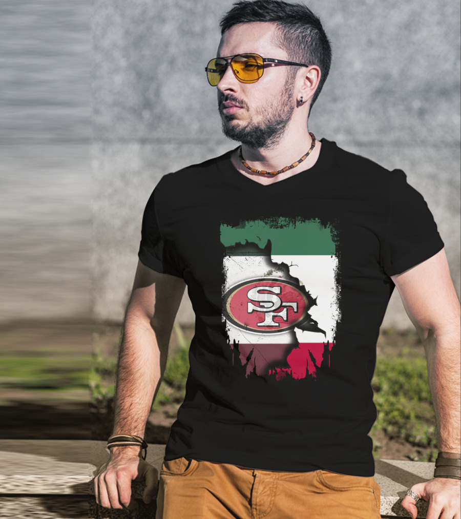 Together Mexico With 49ers SF Logo Mexican Flag Background T-Shirt