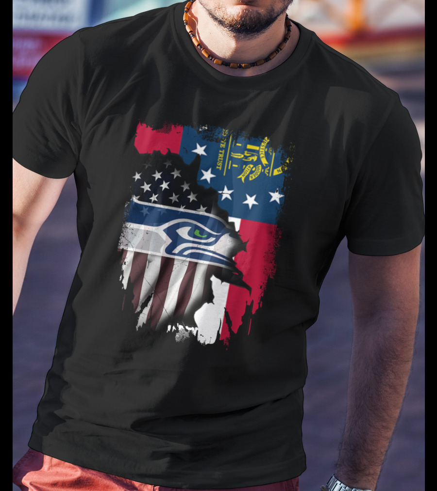 Georgia State Flag With Seahawks Logo And American Flag Elements T-Shirt