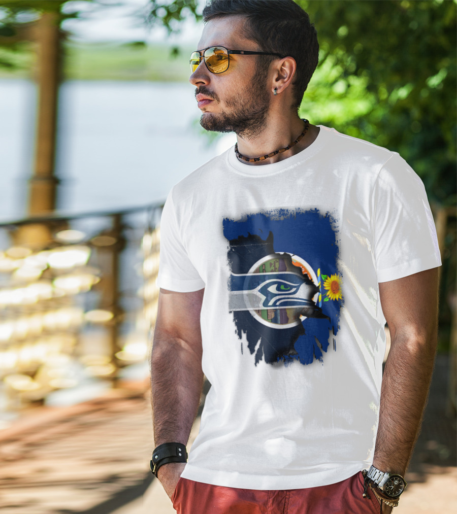 Kansas With Seahawks Heart And Sunflower Emblem T-Shirt