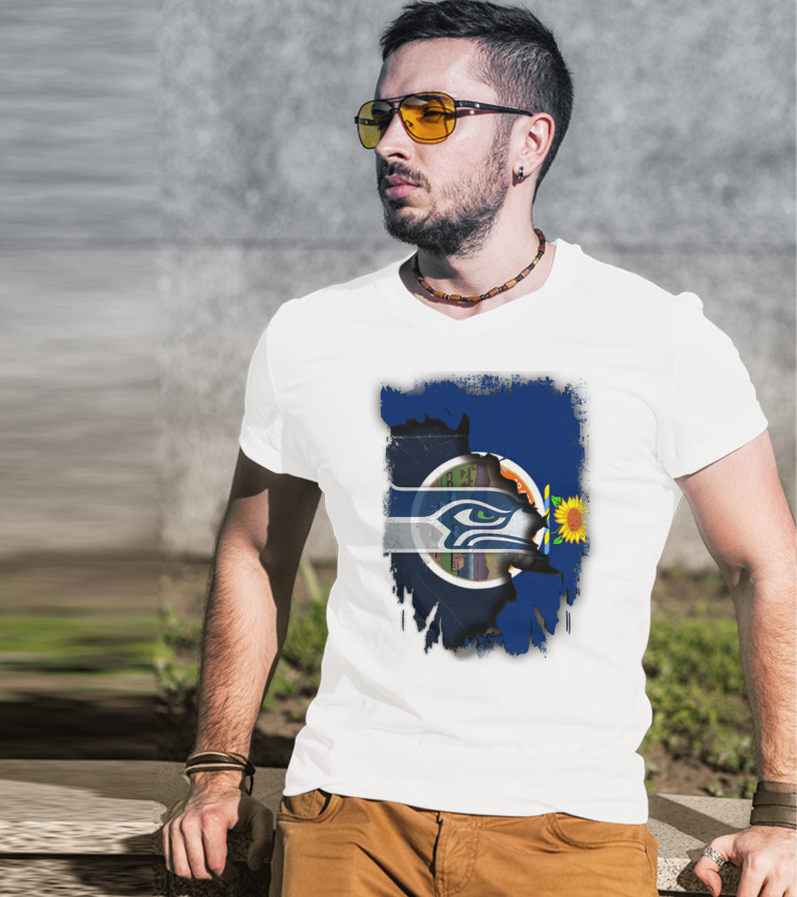 Kansas With Seahawks Heart And Sunflower Emblem T-Shirt