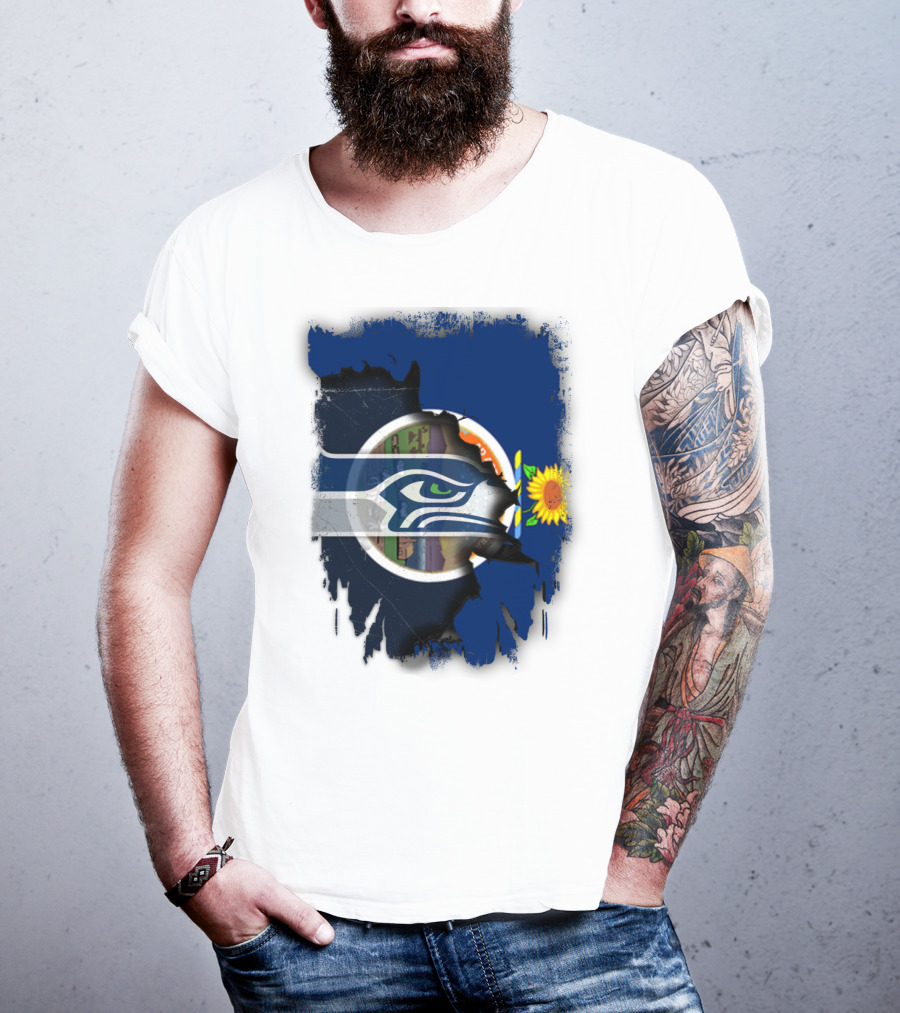 Kansas With Seahawks Heart And Sunflower Emblem T-Shirt