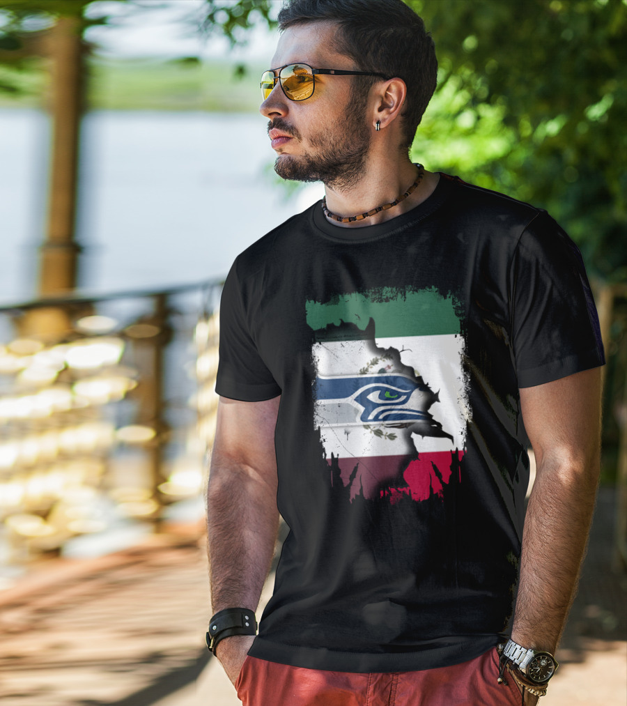 Mexico And Seahawks United With Flag And Logo Overlay T-Shirt