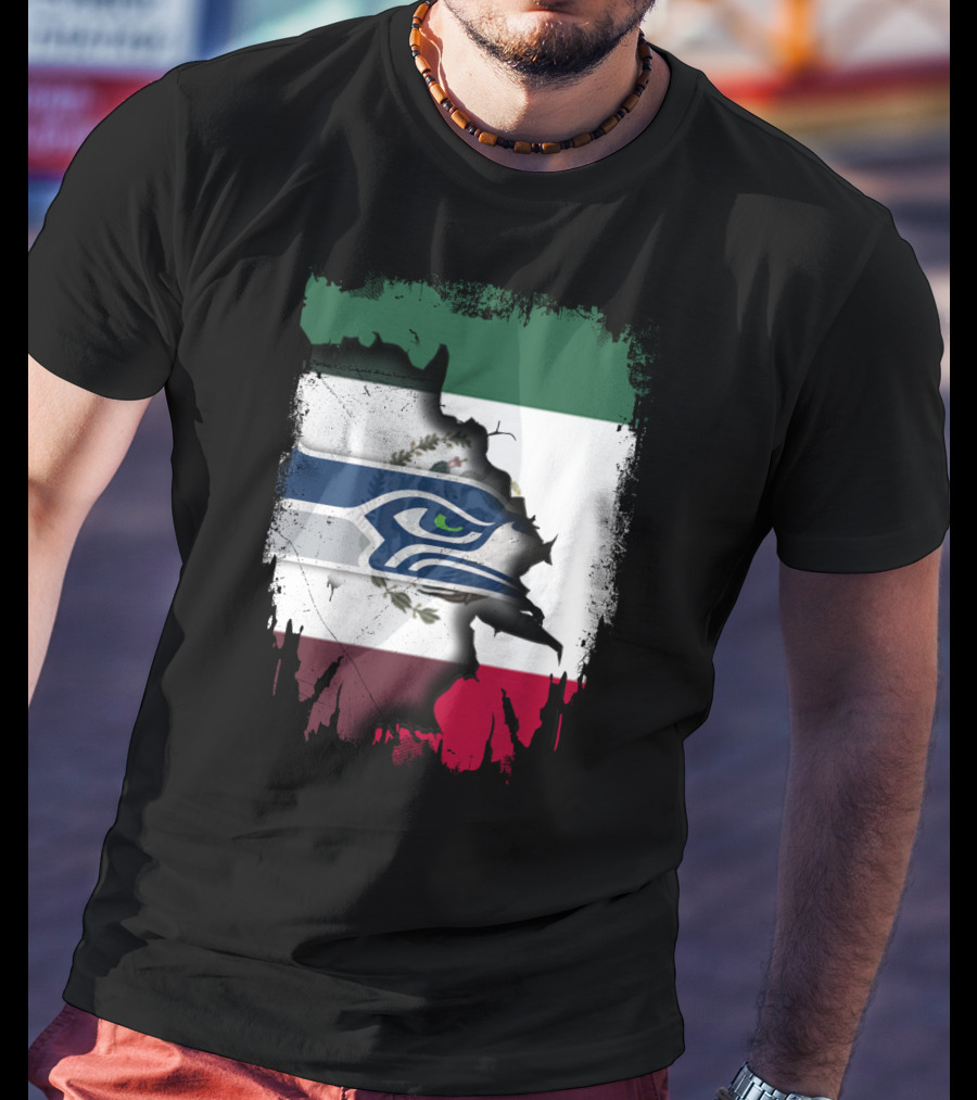 Mexico And Seahawks United With Flag And Logo Overlay T-Shirt