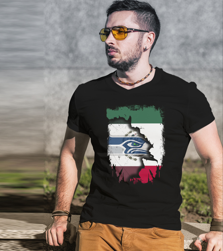 Mexico And Seahawks United With Flag And Logo Overlay T-Shirt