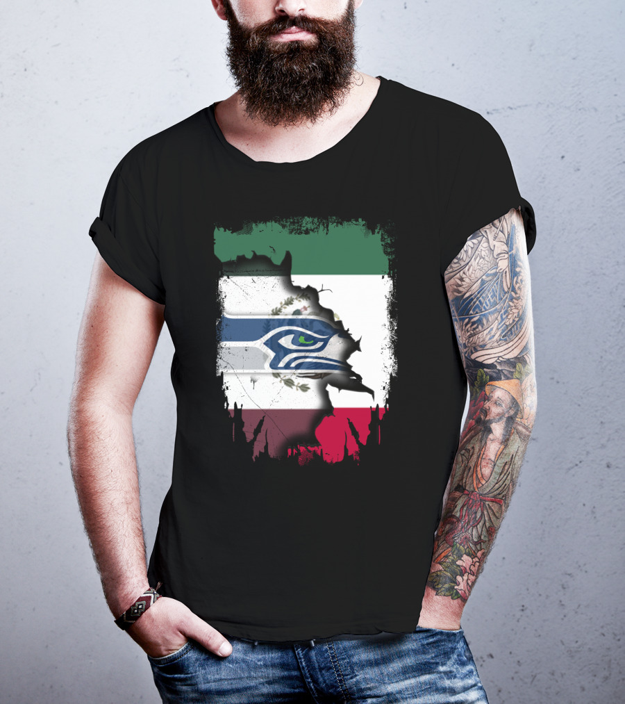Mexico And Seahawks United With Flag And Logo Overlay T-Shirt