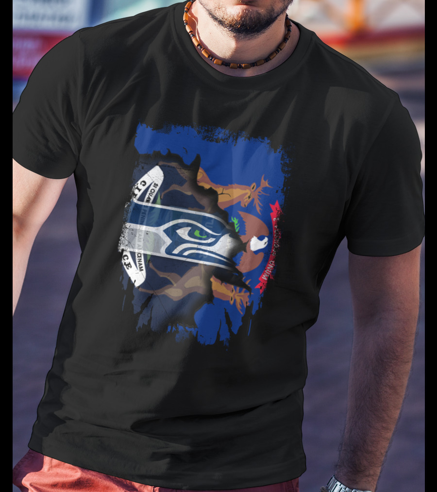 Seahawks Logo With Ripped Michigan Flag Background T-Shirt