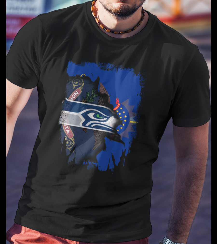 North Dakota Flag With Seattle Seahawks Fusion T-Shirt