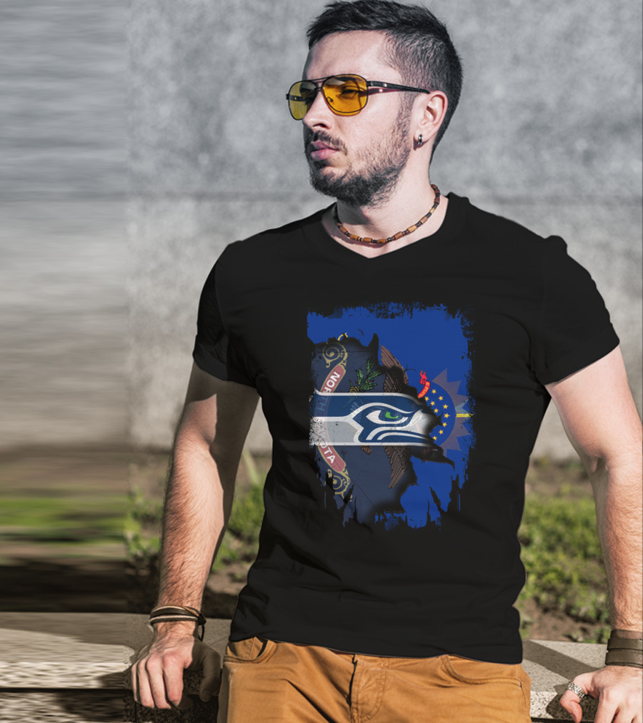 North Dakota Flag With Seattle Seahawks Fusion T-Shirt