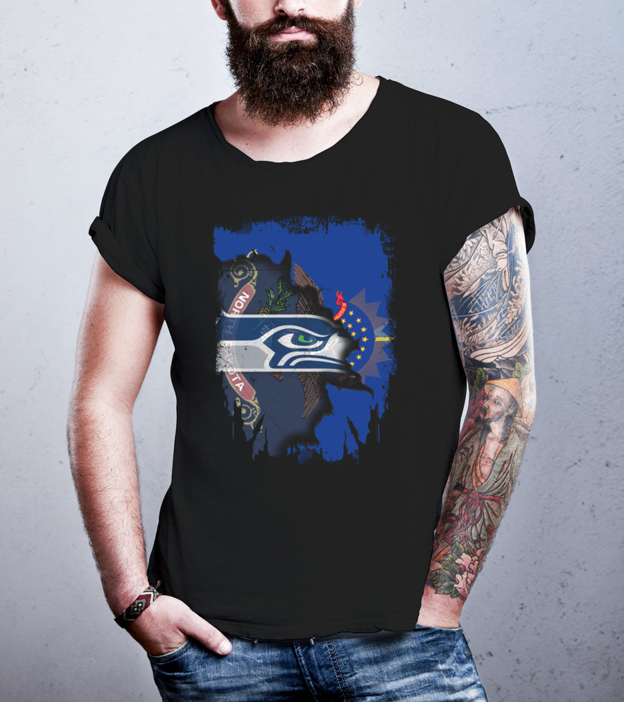 North Dakota Flag With Seattle Seahawks Fusion T-Shirt