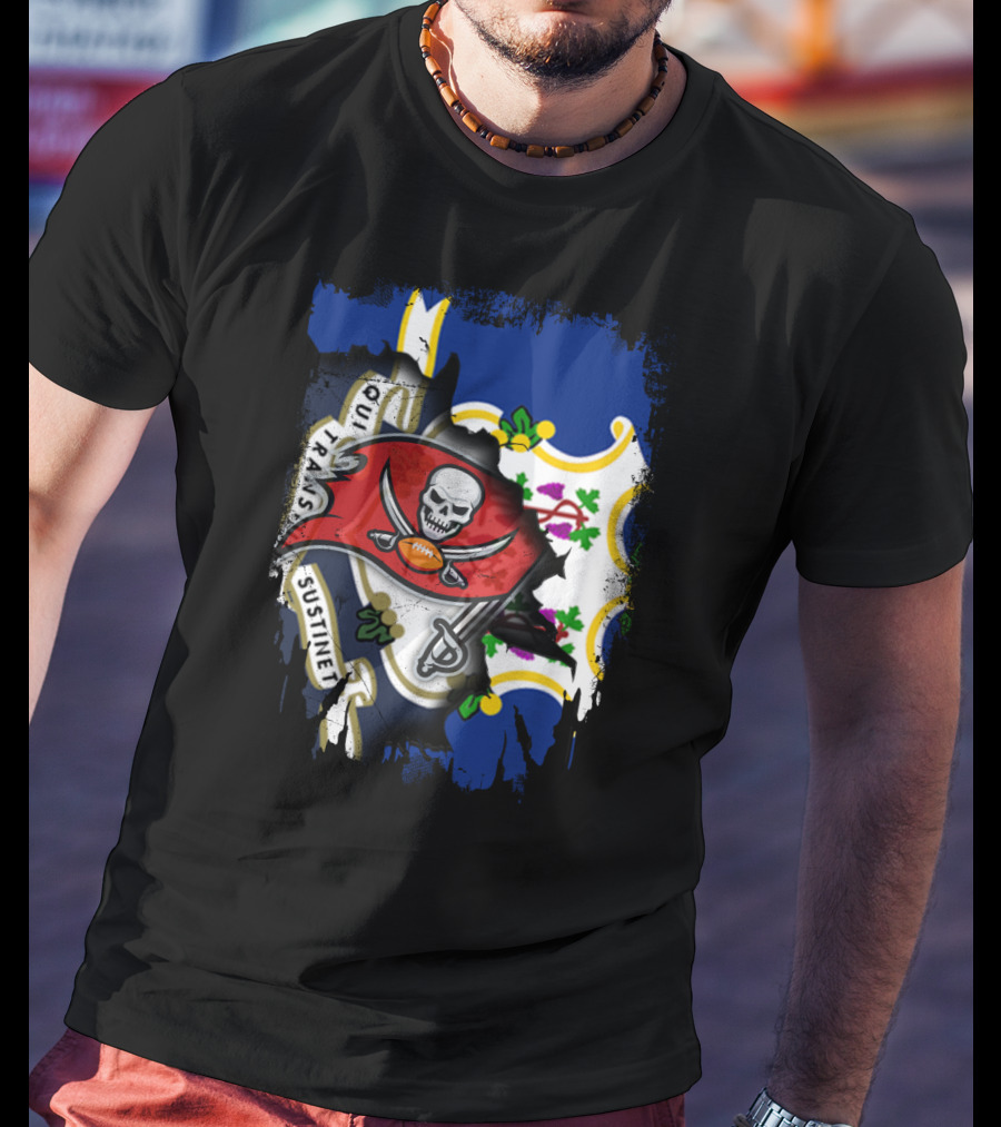 Connecticut Flag With Buccaneers Pirate Logo And State T-Shirt