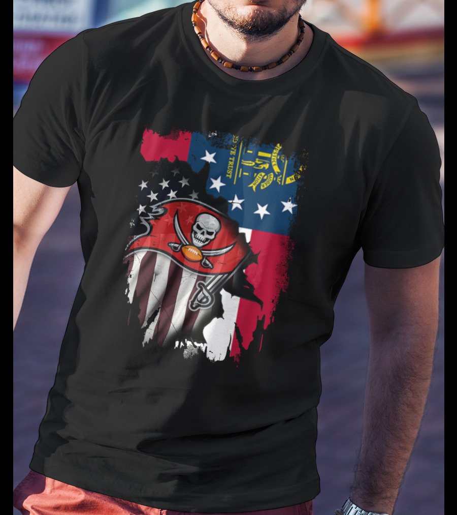 Georgia State Flag With Buccaneers Logo And American Flag Elements T-Shirt
