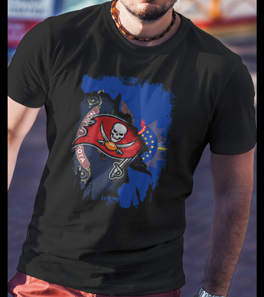 North Dakota Flag With Buccaneers Skull Logo And Football T-Shirt