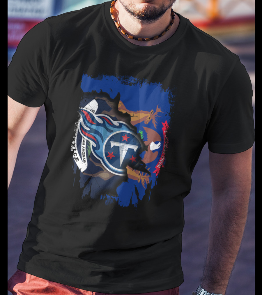 Torn Michigan Flag With Tennessee Titans Logo Fusion T-Shirt