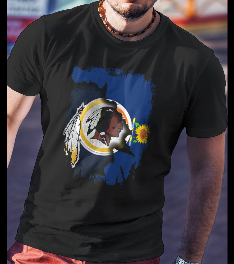 Kansas Map With Redskins Logo And Sunflower Symbol T-Shirt