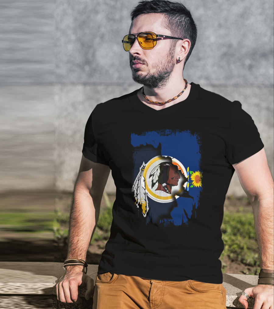 Kansas Map With Redskins Logo And Sunflower Symbol T-Shirt