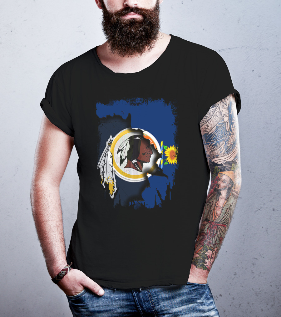 Kansas Map With Redskins Logo And Sunflower Symbol T-Shirt